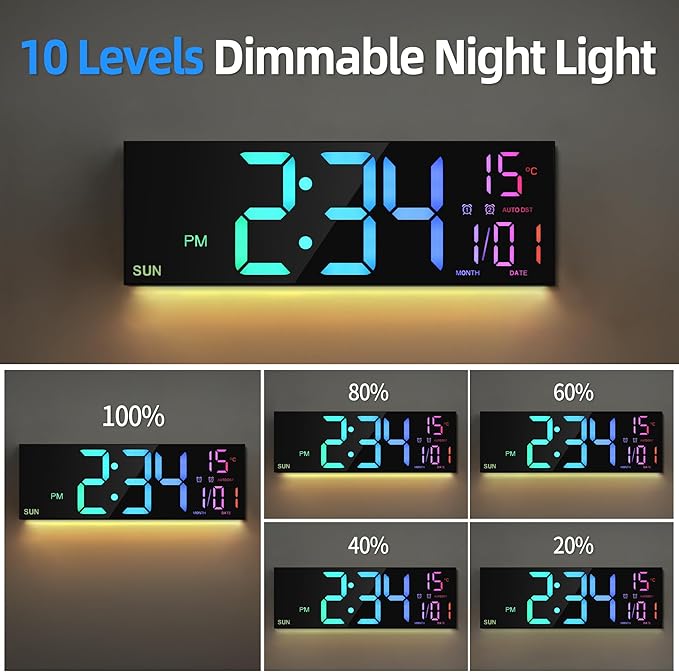 LEIKE 16.2'' Large Digital Wall Clock with Remote Control, Big LED/Dual Alarm/8 RGB Colors/Auto Brightness/Date/Auto DST/Temperature/Night Light Gym Clocks for Living Room Bedroom Office Wall Decor