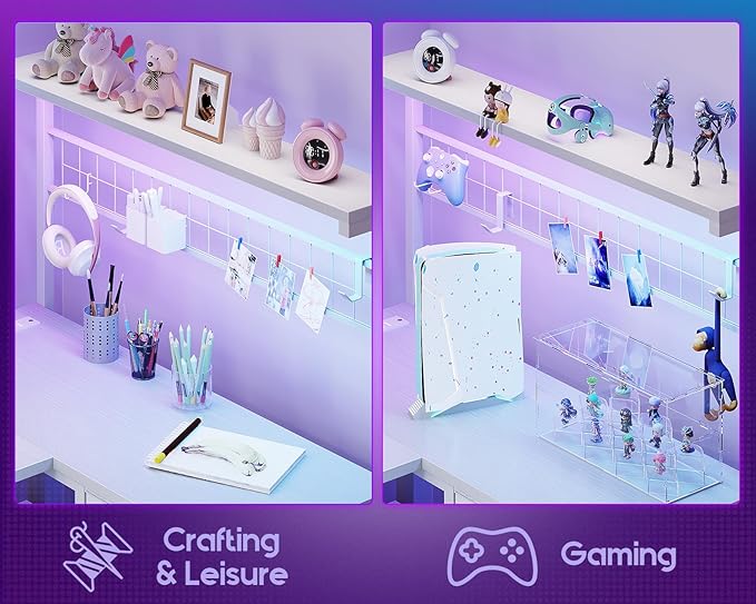 MOTPK 43” L Shaped Gaming Desk for Small Rooms, Compact Corner Computer Table with Shelf & Hutch, 4 Drawers, Reversible Study Table with LED Light, Power Outlets & USB Ports, Home Office Table, White