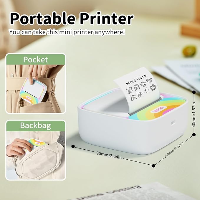 iDPRT Mini Printer with 1 Roll Sticker Paper, Portable Sticker Maker Machine Efficiently and Quickly, Thermal Printer for Study Notes, Pictures, DIY, Label, Rainbow