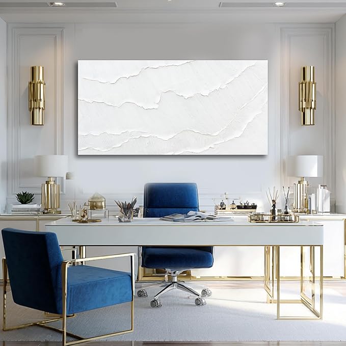 WINKAILIN White Abstract Textured Wall Art Modern 24x48 inch Canvas Ocean Wave Artwork Minimalist Hand-drawn Painting Contemporary White Posters Print for Living Room Bedroom Office Décor