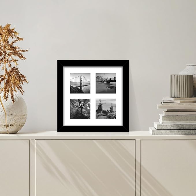 10x10 Picture Frame Set of 2, Real Glass and Black Collage Frame, Display Pictures Four Opening 4x4 With Mat or 10 x 10 Without Mat for Wall Hanging or Tabletop