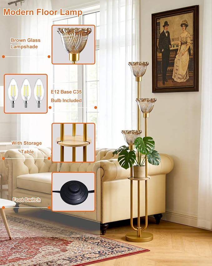 Lightdot Glass Floor Lamp for Living Room Gold with Amber Glass Shade & 3000K Bulbs Included 3-Lights Modern Tall Standing Lamp for Bedroom/Sofa Beside/Corner Decor