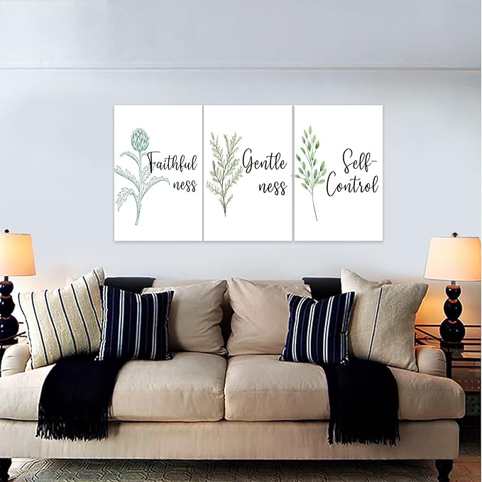 3 Piece Inspirational Wall Art, White Plant Background Picture, Quote "Faithfulness Gentleness Self-control" Canvas Print for Home Decor, Stretched And Framed Artwork for School Wall Decor(48"Wx24" H)