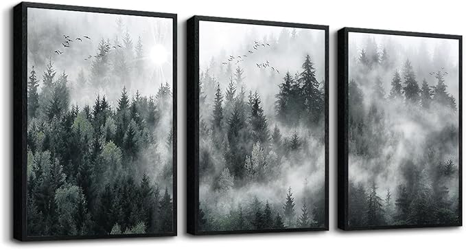 MHARTK66 Black Framed Wall Art For Living Room Modern Decorations Bedroom Foggy Forest Trees Landscape Painting Office Decor Home Ready To Hang a Pictures Of 3 Piece Prints