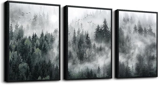 MHARTK66 Black Framed Wall Art For Living Room Modern Decorations Bedroom Foggy Forest Trees Landscape Painting Office Decor Home Ready To Hang a Pictures Of 3 Piece Prints