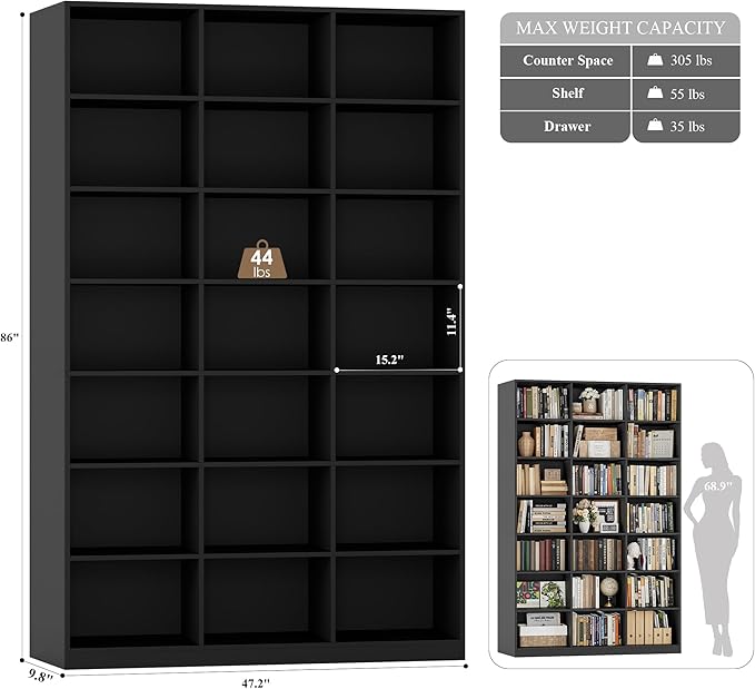HOSTACK 86" H Triple Wide Bookshelf and Bookcase, 7 Tier Tall Bookshelf with Storage, Large Bookcase with 21 Open Display Storage Shelves, Wood Book Shelf Media CD DVD Storage for Living Room, Black