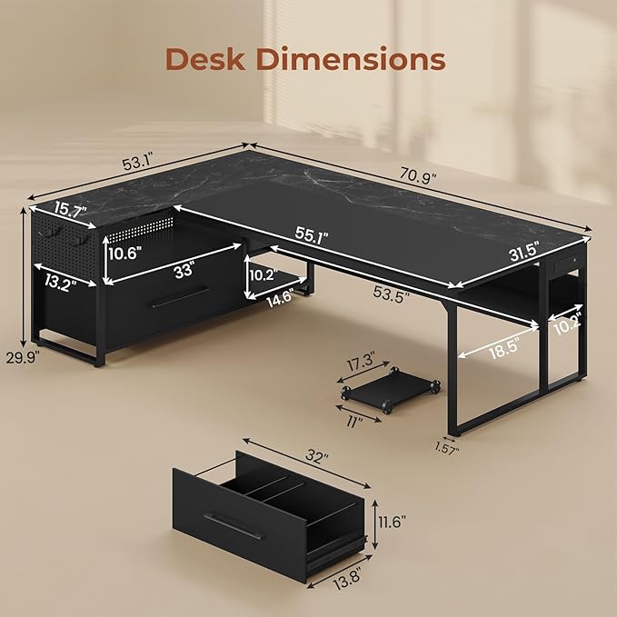 71" Executive Desk, Large Office Desk with Widen File Drawers & Power Outlets, Reversible L Shaped Computer Desk Corner Desk with Storage Shelves, CPU Stand, Hooks, Business Furniture (Black)