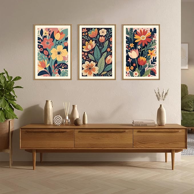 KAIRNE Vintage Colorful Floral Framed Canvas Wall Art Set of 3, Mid Century Modern Flower Wall Decor, Wildflower Plant Painting, Boho Botanical Art Prints for Living Room, Bedroom, Office, 16X24 Inch