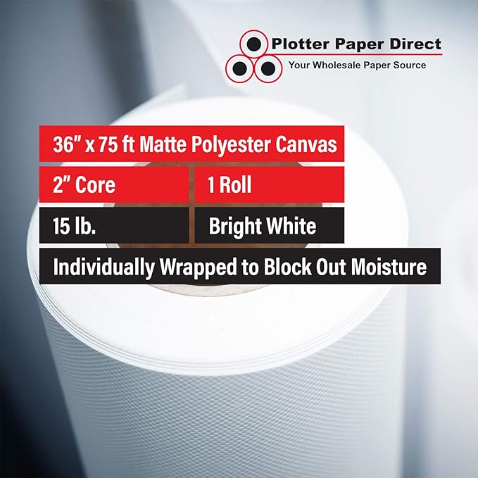 Plotter Paper Direct 36in x 75ft Premium Polyester Matte Canvas Roll, 500 Denier, Quick Dry, Wide Format Inkjet Printer Compatible, Perfect for Fine Art, Photography, Archival Quality Prints