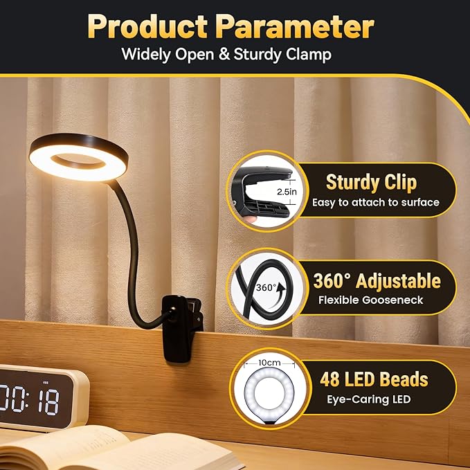 Clip on Reading Light for Bed Headboard, Rechargeable Battery with Large Clamp, 5 Colors & 5 Brightness Flexible Neck Desk Lamp, Eye Protection LED Touch Control Book Light for Kids, Bunk Bed, (Black)