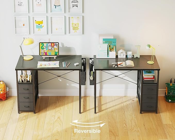 AODK 32-Inch Small Computer Desk with Fabric Drawers, Kids Girls Teen Study Writing Desk for Bedroom, Home Office Desk for Small Space, Black