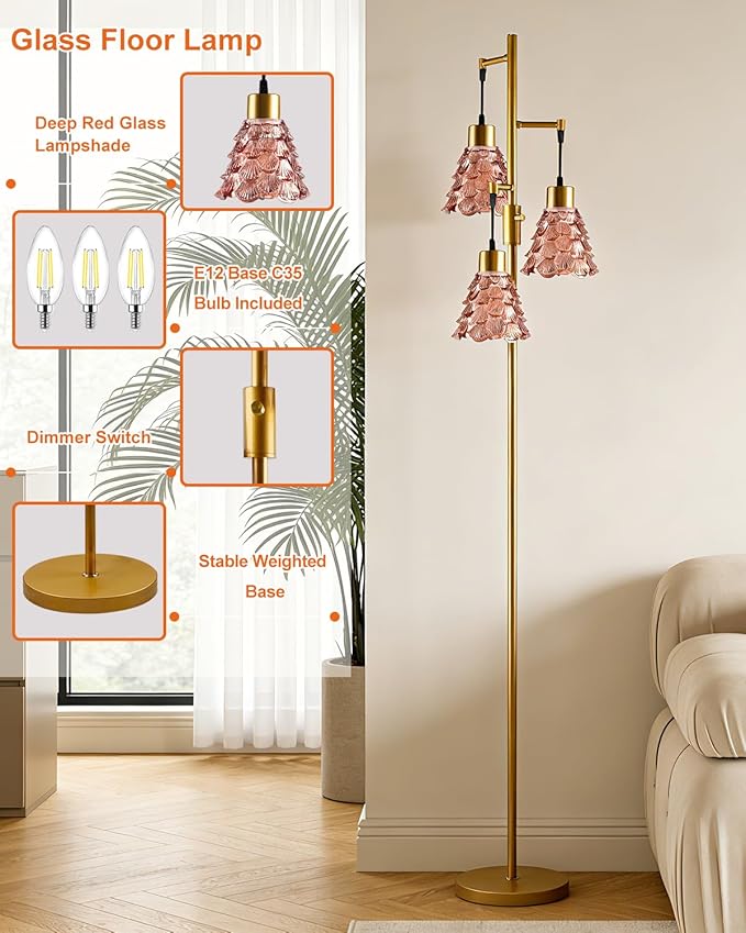 Lightdot 65" Glass Floor Lamps for Living Room, 3-Light Dimmable Floor Lamp with Rose Red Glass Shade& E12 Bulbs Included, Mid Century Standing Tall Lamp for Bedroom/Sofa Beside/Corner Decor-Gold