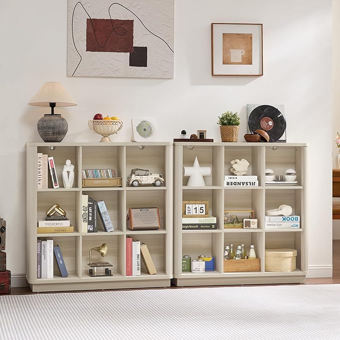 9 Cube Storage Book Shelf, 41" Tall Organizer Bookcase with Curved Edge, Wood Floor Standing 3-Tier Cubby Bookshelf with Base, Vintage Display Book Case for Bedroom,Office,White-Grey Cream Oak