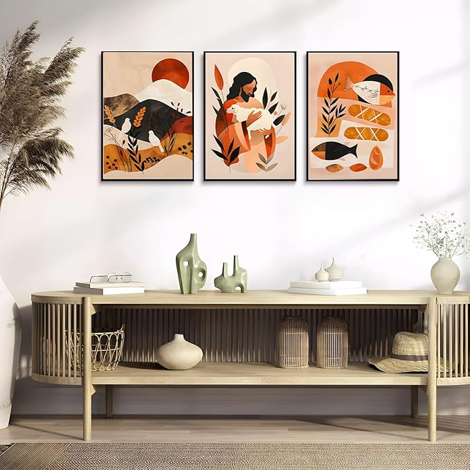 3Pcs Jesus Canvas Wall Art Boho Retro Art Home Posters Prints Jesus Feeds The 5000 Christian Abstract Pictures Wall Decor for Living Room Bedroom Church Decoration Unframed