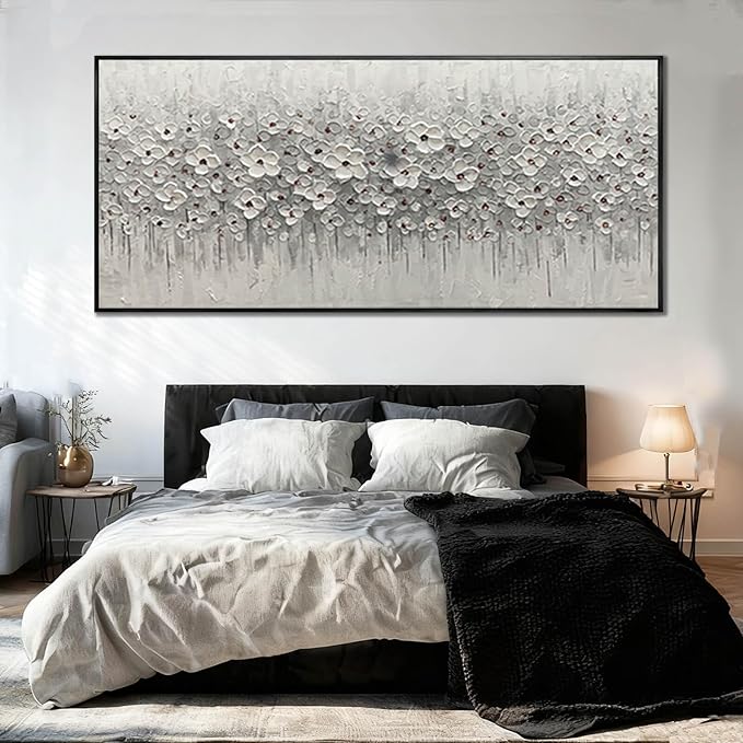SDYA Large Floral Wall Art, 32"x70"Hand Painted White Flower Canvas Painting With Frame,Modern Minimalist Abstract Artwork for Living Room Bedroom Hallway Home Decor