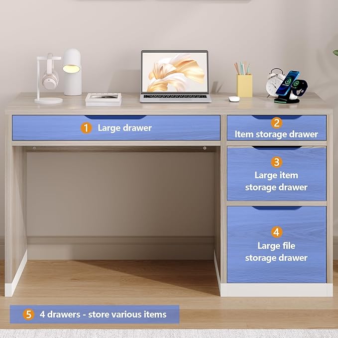 52 Inch Desk with 4 Drawers, Computer Desk with Storage File Drawer for Bedroom, Small Office Desk with Storage for Small Space, Walnut