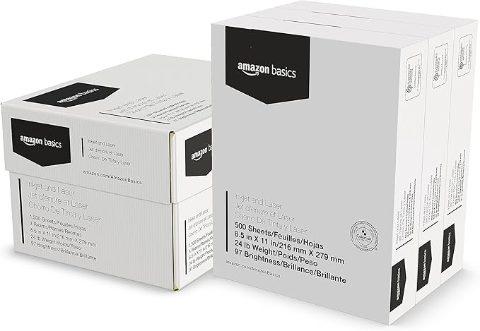 Amazon Basics Multipurpose Copy Printer Paper, 8.5 x 11 Inches, 24 lb Weight, 97 Bright White, 1500 Sheets (3 Packs of 500), for Inkjet and Laser