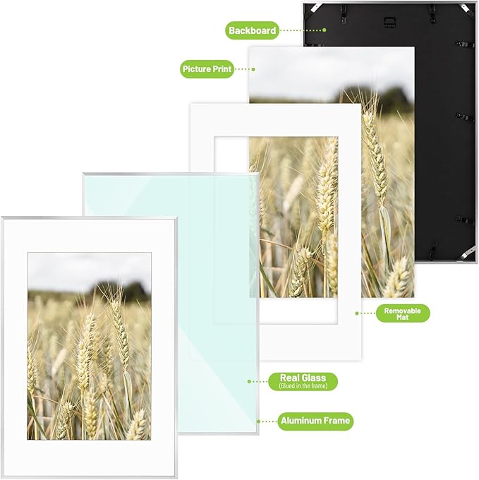 Golden State Art, Gallery Wall Frame Set of 6 - Silver 16x24 Aluminum Photo Frames with Mat for 12x18 Pictures - 16 x 24 inch Metal Frame with Real Glass Cover - Elegant Home or Office Decor