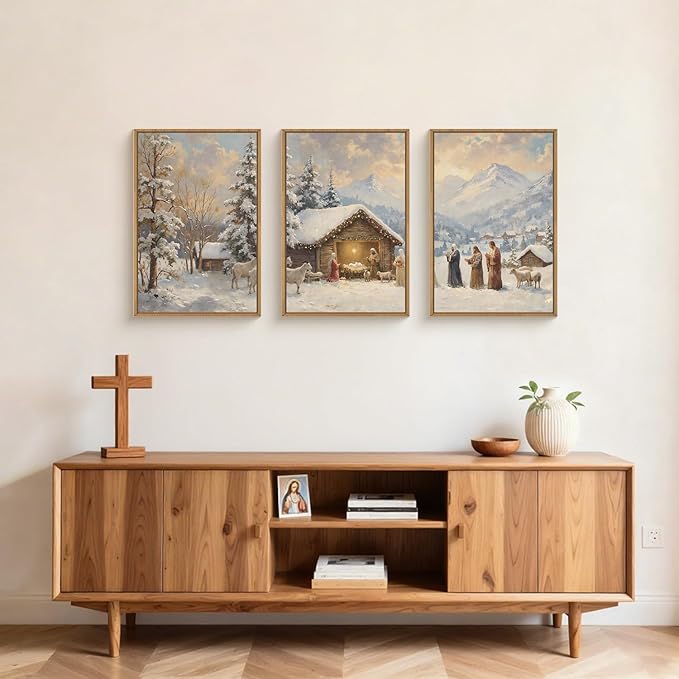 HOURIA Christian Easter Season Framed Canvas Wall Art Set,Religious Jesus Christ Biblical Wall Decor,Holy Family Star of Bethlehem Woodland Landscape Artwork for Church,Prayer Room,Home-16"x24"x3