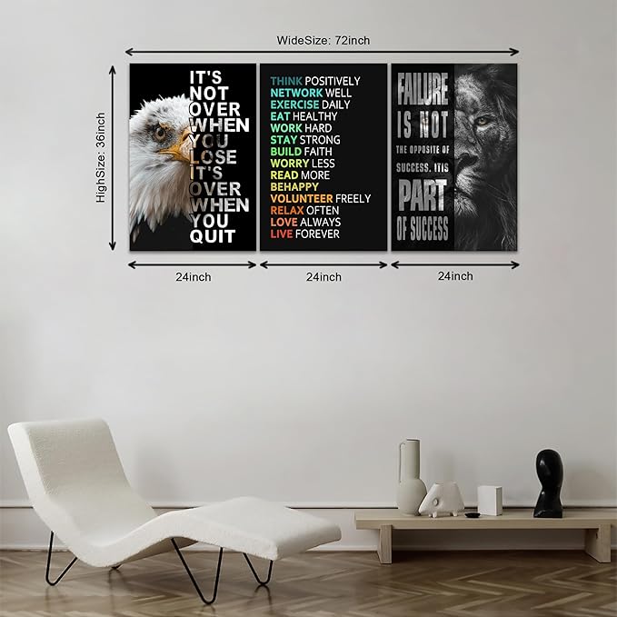 KAWAHONE Motivational Wall Art -Bald Eagle and Lion Inspirational Picture Animal Positive Quotes Wall Poster Framed Motivational Office Decor for Success Ready to Hang