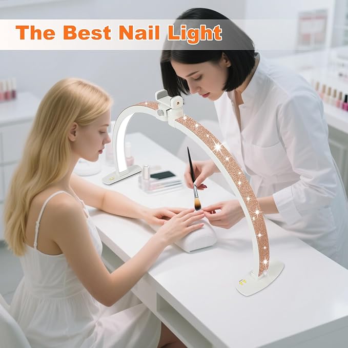 Half Moon Light for Nail Desk, 29IN Folding Half-Moon Light with Phone Holder, LED Lamp for Nail Art, Eyelash Extension, Tattooing, Skin Management, 10 Brightness Levels, Champagne Gold Rhinestones