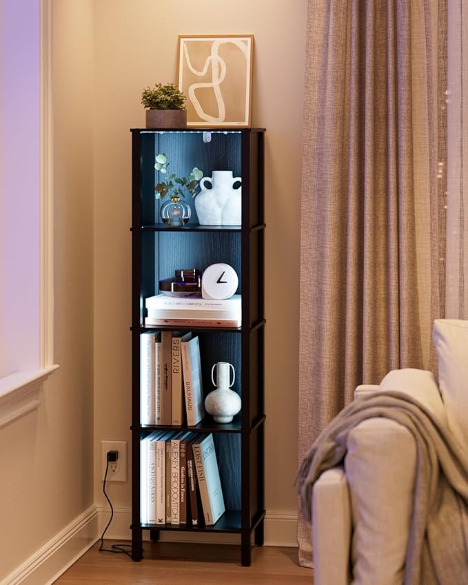 Bookshelf with LED Lights, Modern 4-Tier Bookcase, Open Storage Book Shelf, 11 × 14.2 × 50.4 Inches, Small Narrow Bookshelves for Living Room, Home Office, Bedroom, Black