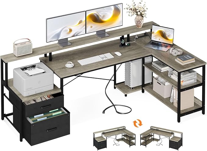 ODK 75" L Shaped Desk with File Drawers, Work from Home Office Desk with Power Outlet, Reversible Computer Desk with Storage Shelves, Gaming Desk with Monitor Shelf, Corner WFM Table, Grey Oak