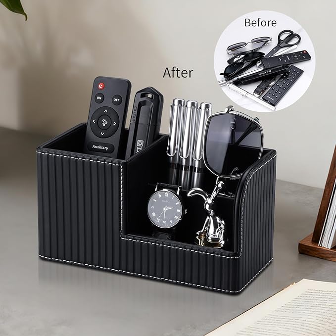 KINGFOM Desk Pen Organizer Office Supplies Caddy Pu Leather Multi-function Storage Box Pen/Pencil,Cell phone, Business Name Cards Remote Control Holder (Black)