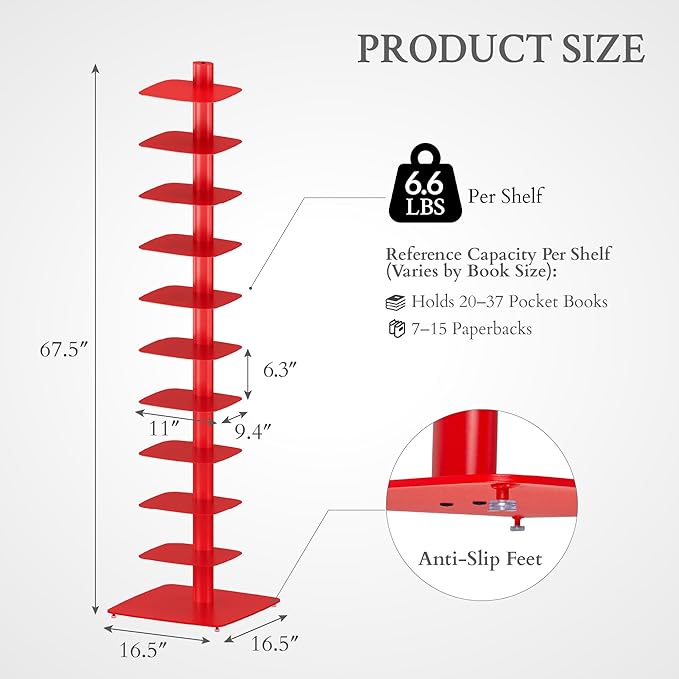 Suchtale 11-Tier Spine Bookshelf Tower,Tall Vertical Book Organizer,Metal Floor Standing Bookshelf for Small Spaces,Narrow Bookcase for Living Room,Bedroom & Office,Adjustable Shelf Directions,Red