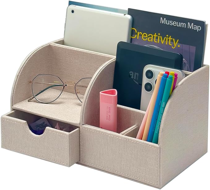 UnionBasic Desk Organizer - Multifunctional Leather Desktop Pen Holder Storage Box - Business Card/Pen/Pencil/Mobile Phone/Stationery Holder, Beige