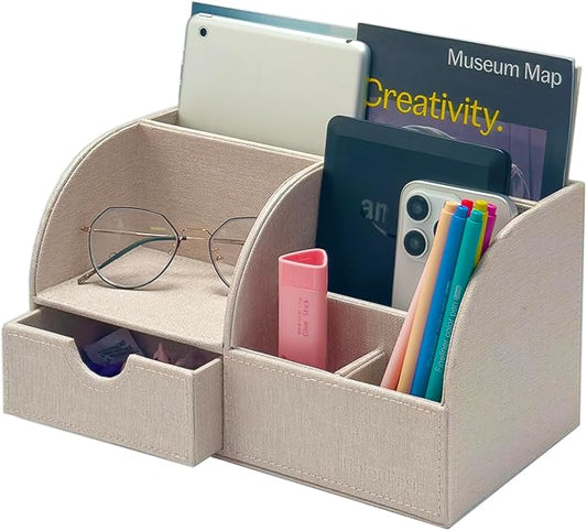 UnionBasic Desk Organizer - Multifunctional Leather Desktop Pen Holder Storage Box - Business Card/Pen/Pencil/Mobile Phone/Stationery Holder, Beige
