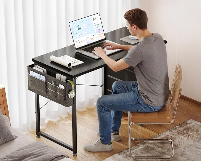AODK 40-Inch Small Computer Desk with Fabric Drawers, Kids Girls Teen Study Writing Desk for Bedroom, Home Office Desk with Storage Shelf & Bag for Small Space, Black
