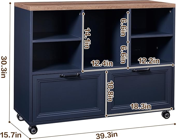 40" Lateral File Cabinet,Farmhouse Wood Small Home Office Storage with Wheels,Filing Cabinet with 2 Drawers for Legal/Letter/ A4 Size (Blue)