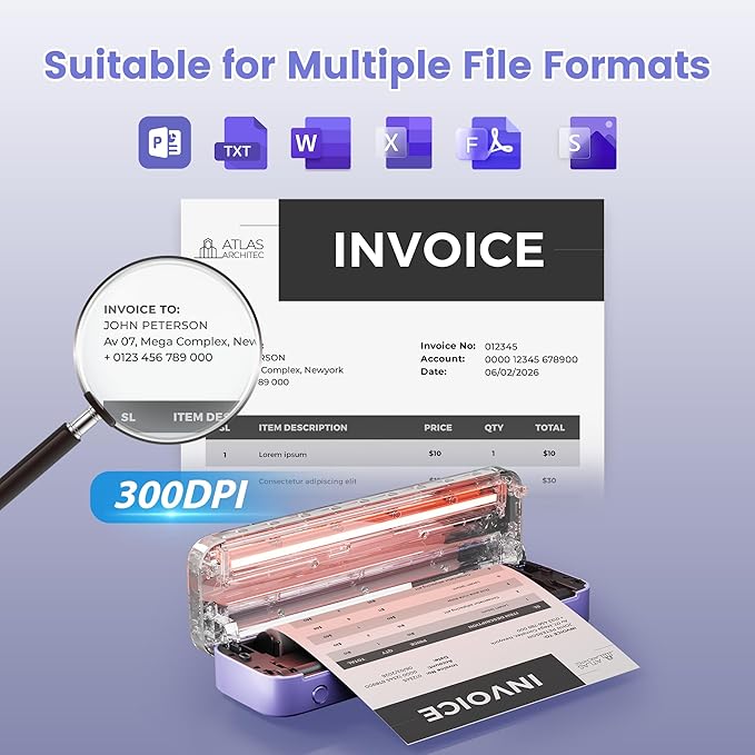 Portable Printer, 300DPI Wireless Bluetooth Thermal Printers, Support Multi-Size Thermal Paper, Compatible with iOS, Android & PC, Inkless Mobile Printer for Travel, Office, School, Purple