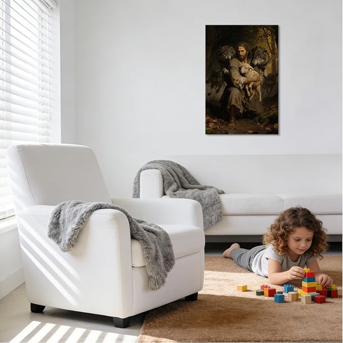 YOUHONG Jesus Wall Art Religious Decor Christian Art Wall Decor Jesus Protect the Lamb from Wolves Canvas and the Lamb Poster Christian Canvas for Home Ready to Hang (28x40 Inch)