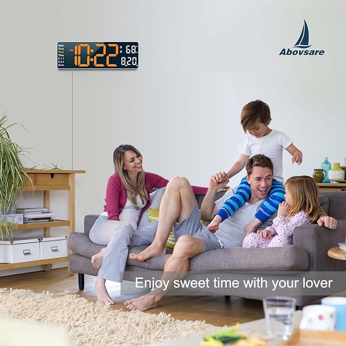 Digital Clock, Digital Wall Clock for Living Room Decor, Desk Alarm Clock for Bedroom, Large Wall Clock with Remote Control, Automatic Brightness Dimmer LED Clock with Date Temperature Week (Orange-W)