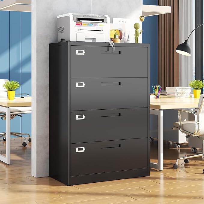 4 Drawer File Cabinet, Locking Lateral Filing Cabinet for Home Office, Black File Cabinets with Business Card Holder for Letter/Legal/F4/A4 Hanging Files