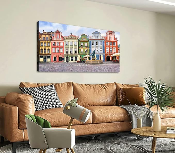 Canvas Wall Art for Living Room Bedroom Colorful renaissance facades central square Poznan Poland Big Large Wall Art Decor Framed Painting Wall Pictures Prints Artwork Office