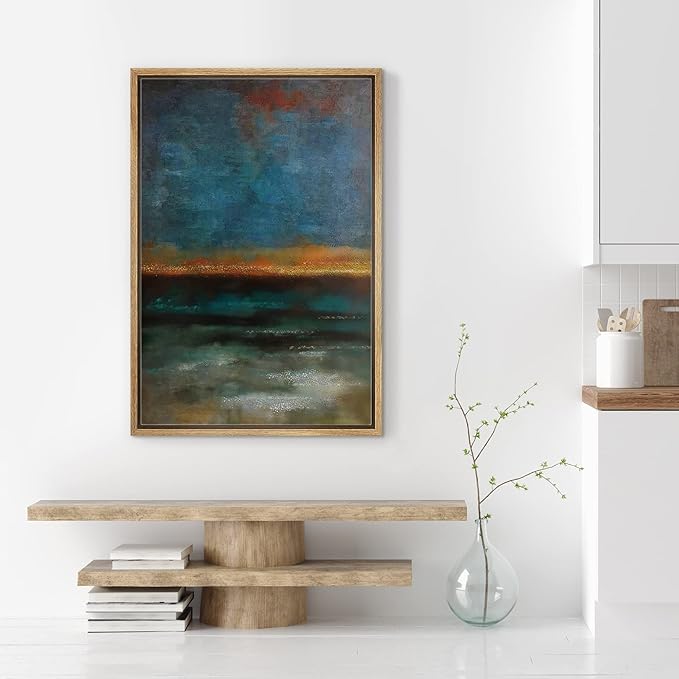 SIGNWIN Framed Canvas Print Wall Art Orange Ocean Horizon at Sunset Abstract Wilderness Illustrations Modern Art Modern Scenic Relax/Calm Ultra for Living Room, Bedroom, Office - 24"x36" Natural