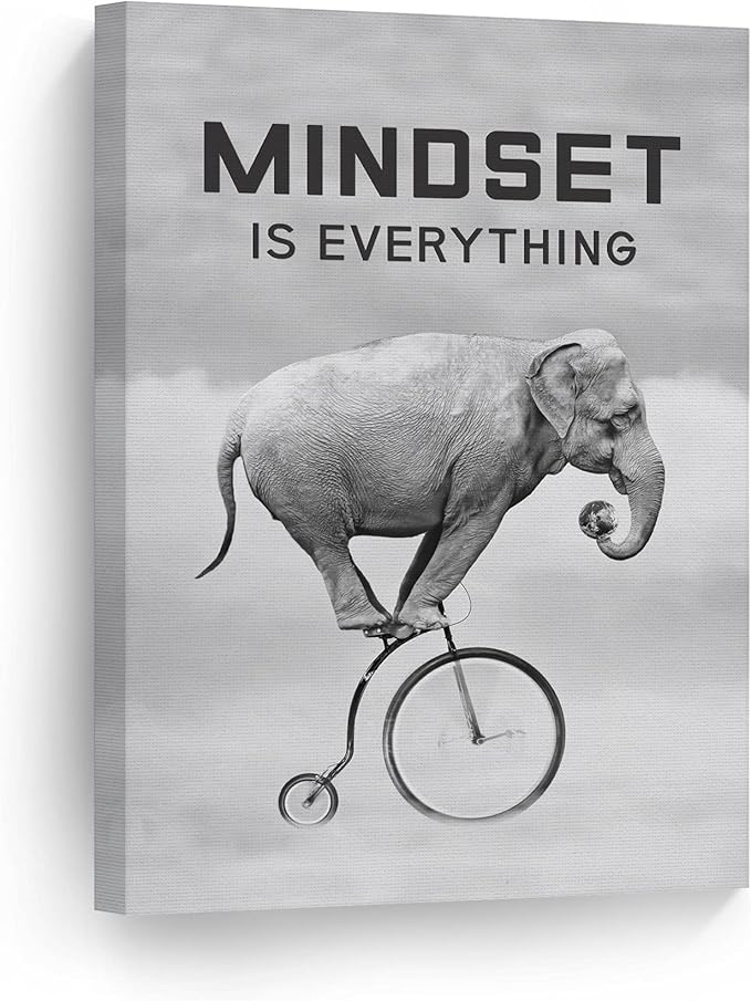 Smile Art Design Mindset is EverytingBlack and White Elephant Riding Circus Bike Motivational Wall Art Canvas Print Inspirational Entrepreneur Quote Office Living Room Decor Gift Ready to Hang 12x8