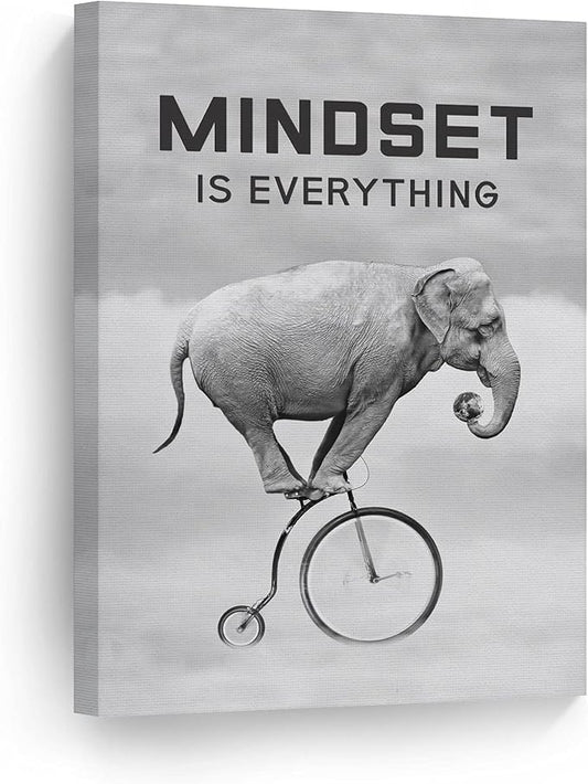 Smile Art Design Mindset is EverytingBlack and White Elephant Riding Circus Bike Motivational Wall Art Canvas Print Inspirational Entrepreneur Quote Office Living Room Decor Gift Ready to Hang 12x8