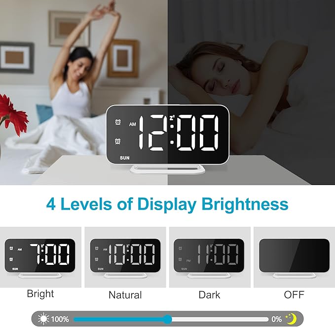 Slim LED Digital Alarm Clock, Mirror Surface for Makeup, with Diming, Large Display, Easy Setting, USB Ports, Modern Decor for Bedroom, Desk, Xmas, Birthday Gift for Women, Sister, Teen Girl, Silver