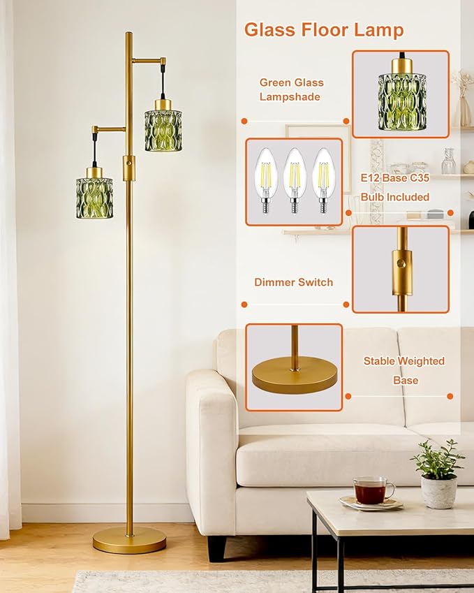 65IN Glass Floor Lamp, 2-Light Gold Tall Standing Lamps Dimmable with Green Glass Lampshade, 3000K Warmwhite Mid Century Modern Floor Lamp for Living Room/Bedroom/Corner