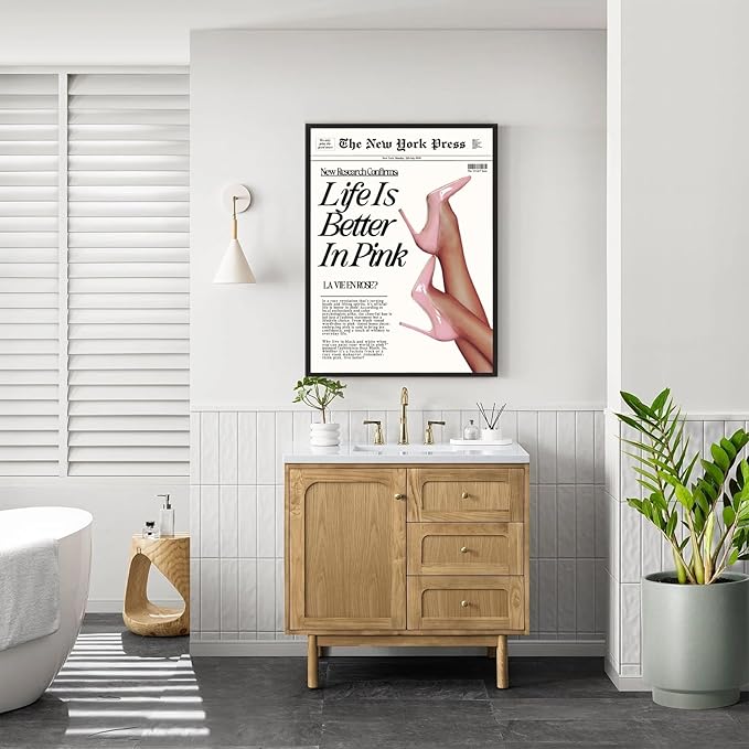 Trendy Baby Pink Hot Girl Poster Life Is Better In Pink Newspaper Wall Art Retro High Heel Picture 70s News Headline Canvas Prints Aesthetic Decor for Girly Bedroom Dorm 16x24inch Aluminum Framed