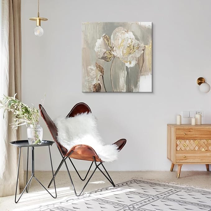 Goldfoilart Floral Wall Art Gold Pictures White Flower Canvas with Gold Foil Embellishment Paintings Textured Poster Framed Artwork for Living Room Bedroom Office Decorations 24" x 24"