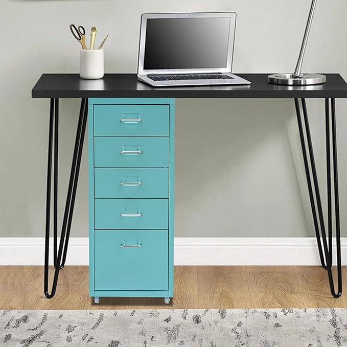 Metal File Storage Cabinet,Side Storage Organizer,Freestanding Storage Unit,Metal Garage Storage Drawer,Storage Cabinet with 5 Drawers and Wheels for Office,Home,School，Blue,11 * 16.1 * 27.1in