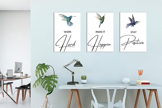 3 Piece Office Canvas Wall Art, Hummingbird Motivational Quotes Canvas Print Pictures Wall Decor for Office, Men Women Inspirational Framed Artwork Home Office Decor 16"x24" x 3 Pcs