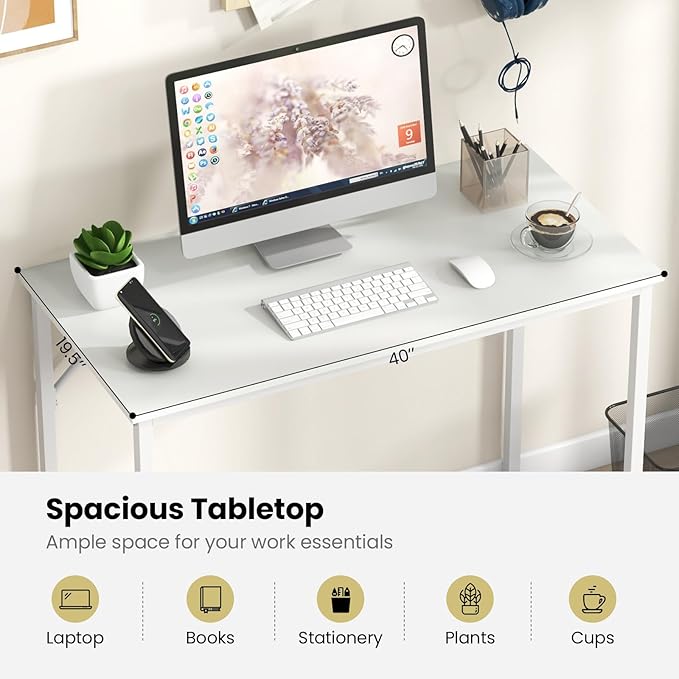 Giantex 40-Inch White Computer Desk, Home Office Desk with Heavy-Duty Metal Frame, Modern Simple Gaming Table PC Workstation, Versatile Small Desk for Bedroom, Small Spaces