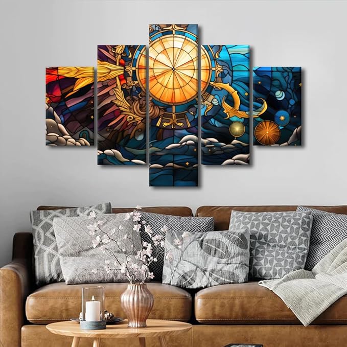 Canvas Wall Art for Home Modern Living Room Decor Stained Glass Style Poster Prints Sea Sun Moon Stars Anchor Painting Art 5 Panel Office Wall Decor Stretched and Framed Ready to Hang 60x40 in