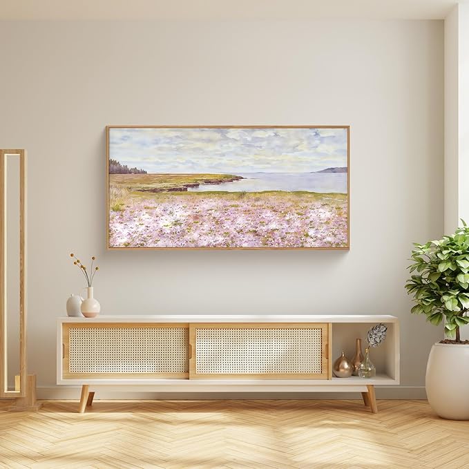 HOURIA Spring Watercolor Pink Floral Coastal Landscape Framed Canvas Wall Art Set,Nature Inspired Wildflower & Meadow Cottage Field Wall Decor,Modern Seaside Beach Artwork for Living Room,Farmhouse-20"x40"x1